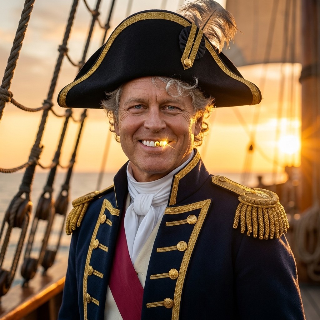 Captain Steve, your guide — a dashing pirate officer with a gleaming gold tooth